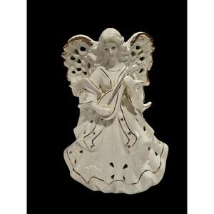 Porcelain Angel Figurine With Instrument Mandolin Gold Trim Luminary
